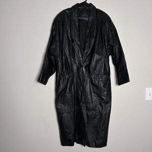 Genuine Leather Long Trench Coat Women size large black duster moto grunge